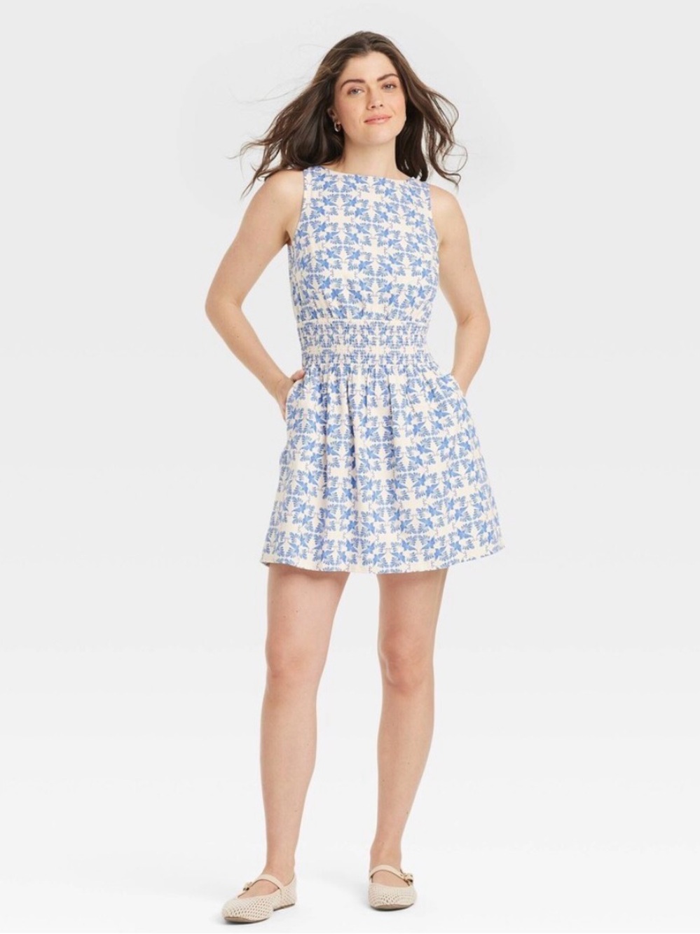Blue & Cream Floral Sleeveless Mini Dress with Smocked Waist and Side Pockets